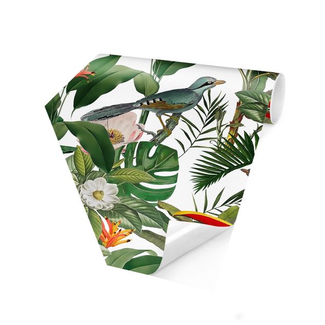 Carta da parati esagonale adesiva con disegni - Tucano tropicale con monstera e foglie di palma