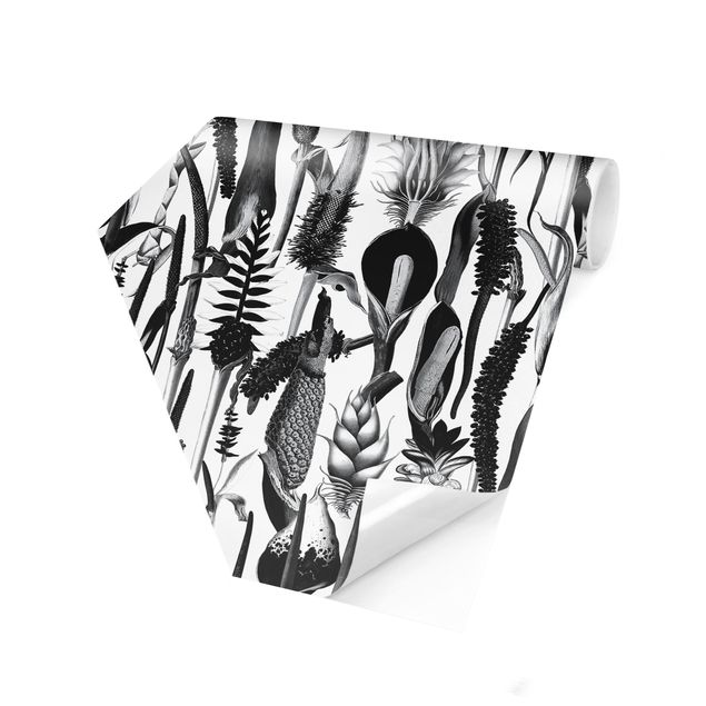Carta da parati esagonale adesiva con disegni - Trama tropicale lussuosa in bianco e nero
