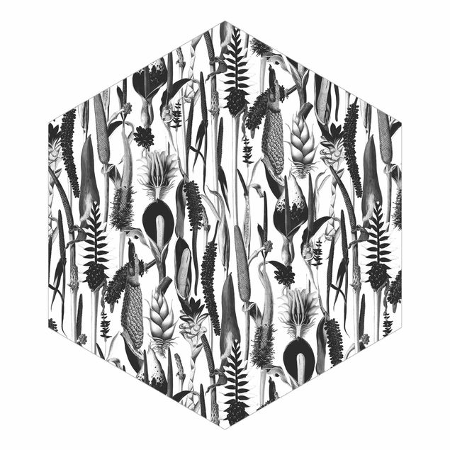 Carta da parati esagonale adesiva con disegni - Trama tropicale lussuosa in bianco e nero