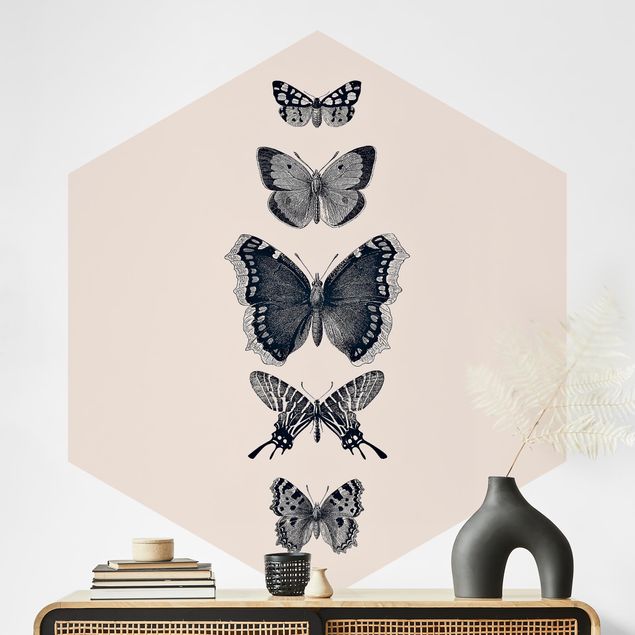 Carta da parati esagonale Farfalle d'inchiostro su sfondo beige