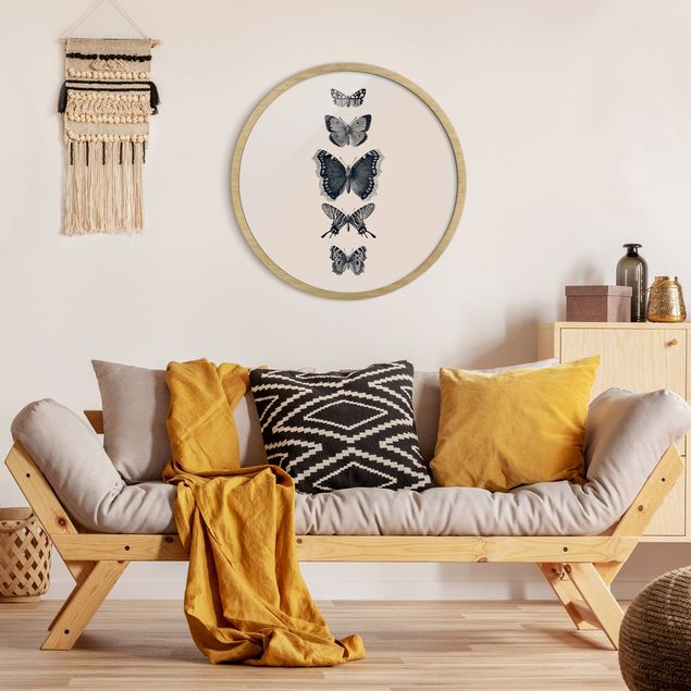 Poster con cornice rotonda Farfalle d'inchiostro su sfondo beige