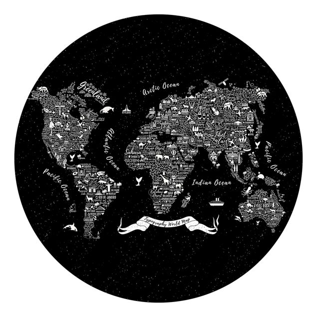 Carta da parati rotonda autoadesiva - Tipografia Mappa del mondo nero