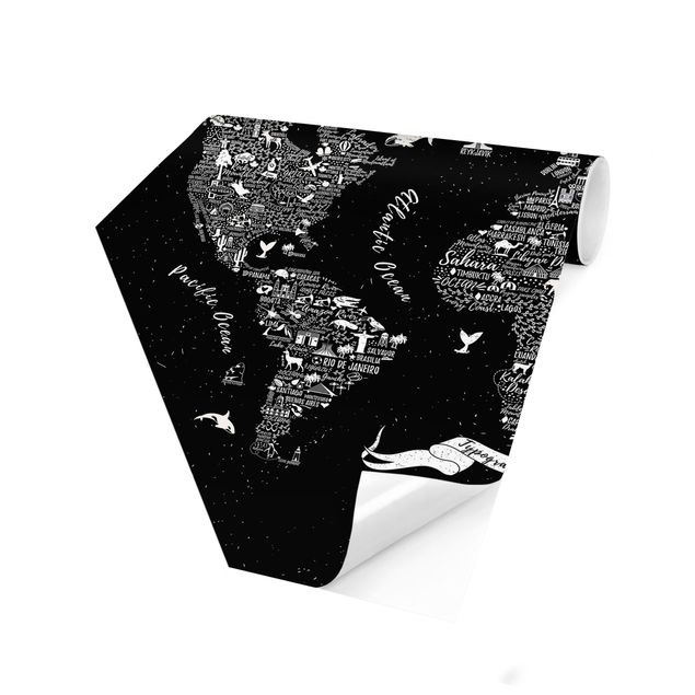 Carta da parati esagonale adesiva con disegni - Tipografia planisfero nero