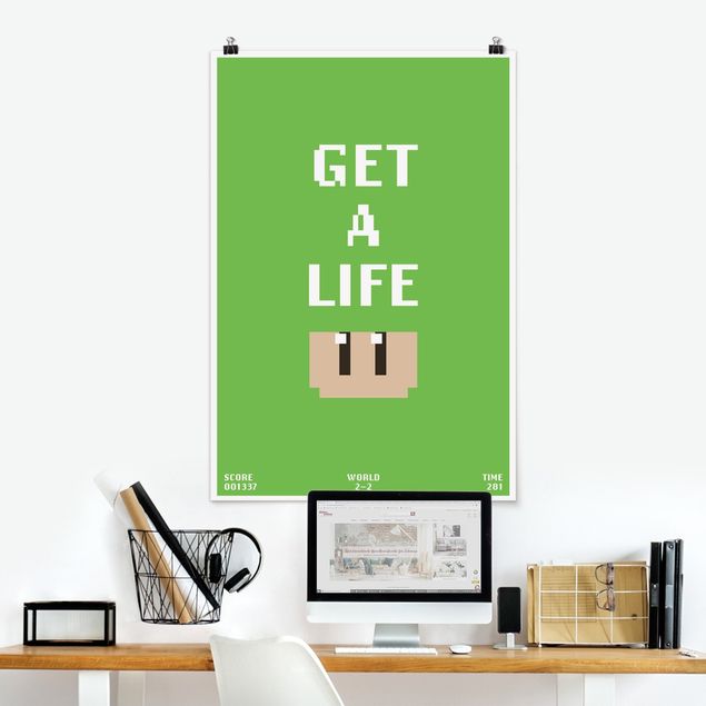 Poster cameretta bambini verde Frase di videogioco Get A Life in verde