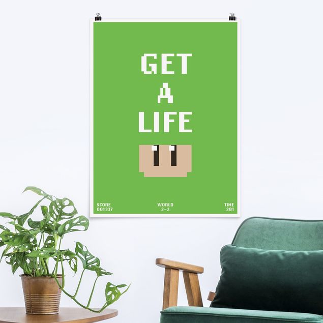 Poster cameretta bambini verde Frase di videogioco Get A Life in verde