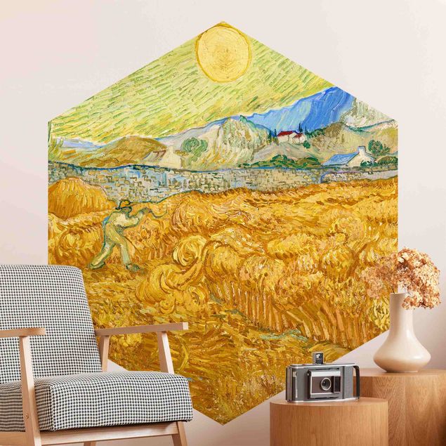 Carta da parati esagonale adesiva con disegni - Vincent van Gogh - Campo di grano con mietitore