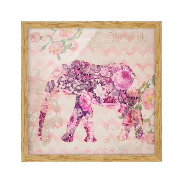 Poster con cornice - Collage vintage - Elefante con fiori rosa