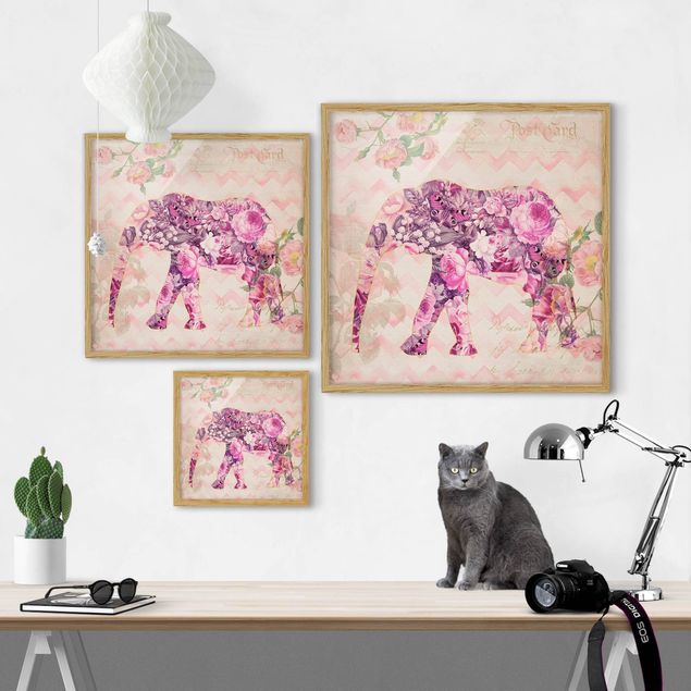 Poster con cornice - Collage vintage - Elefante con fiori rosa