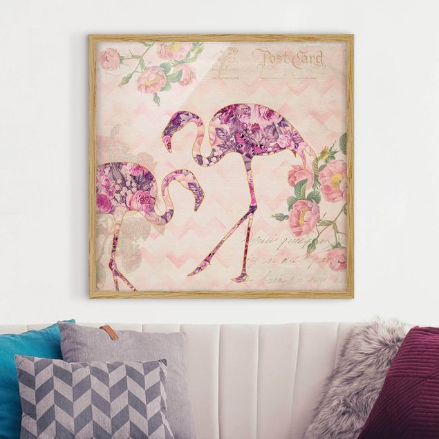 stampe animali Collage vintage - Fenicotteri con fiori rosa