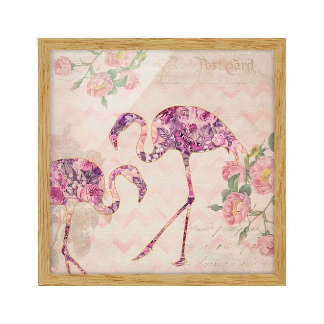 Poster con cornice - Collage vintage - Fenicotteri con fiori rosa