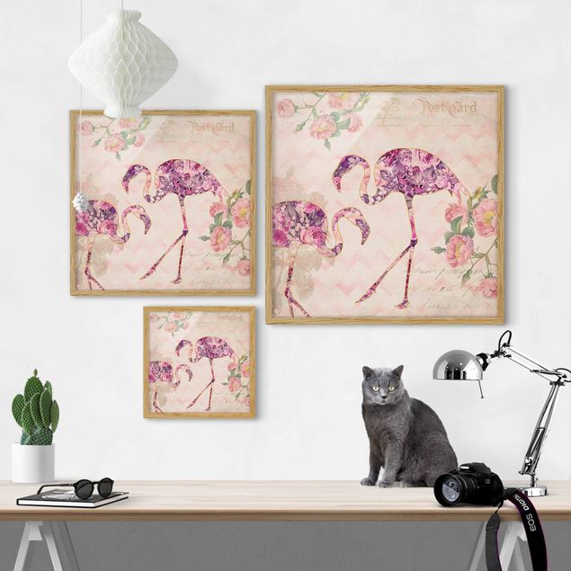 Poster con cornice - Collage vintage - Fenicotteri con fiori rosa
