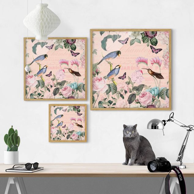 Poster con cornice - Vintage Collage - Rose e uccellini