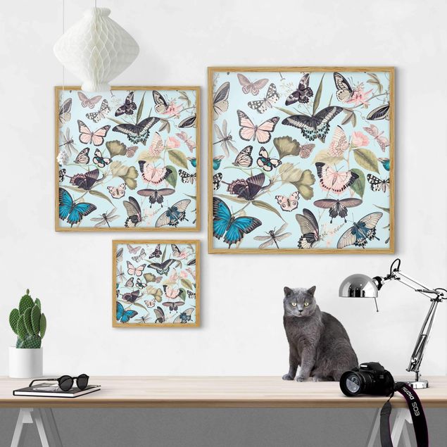 Poster con cornice - Vintage Collage - Farfalle e libellule