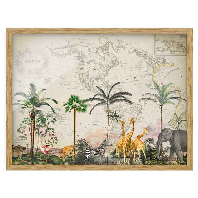 Poster con cornice - Collage vintage - Mappa del mondo con animali
