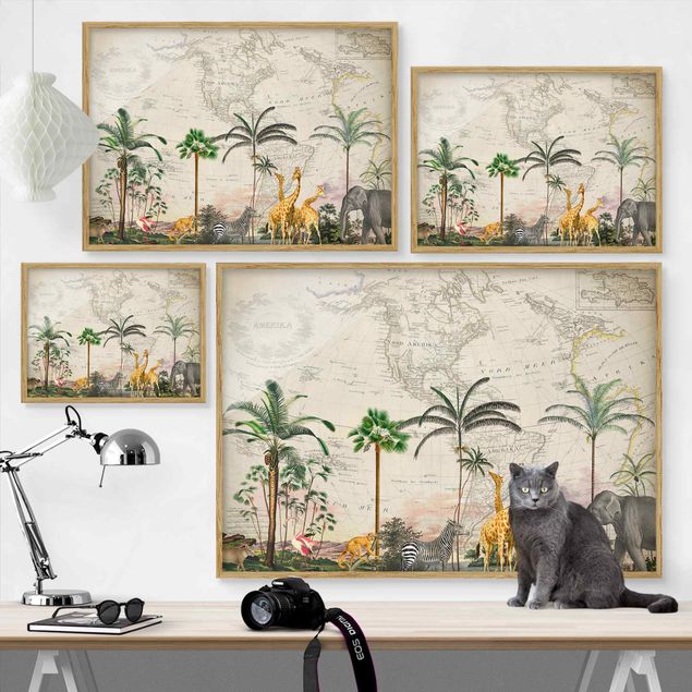 Poster con cornice - Collage vintage - Mappa del mondo con animali