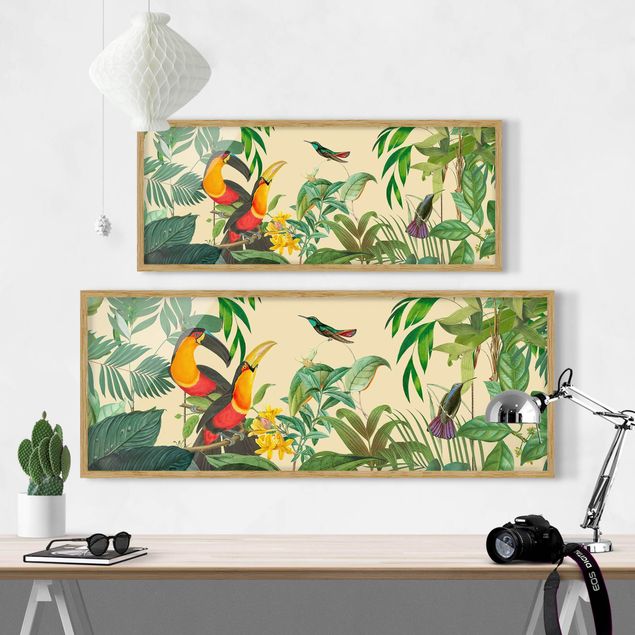 Poster con cornice - Collage vintage - Uccelli nella giungla