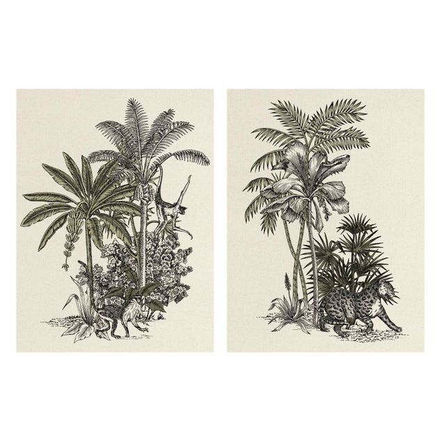Quadri su tela fiori Illustrazione vintage - Scimmia e tigre