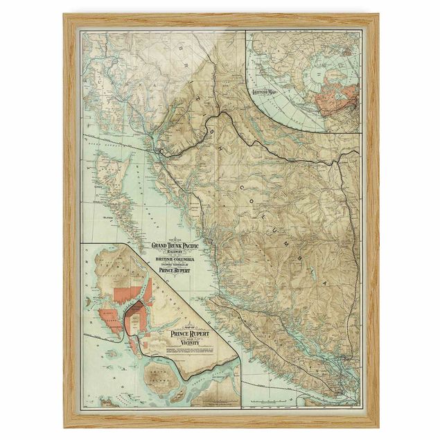 Poster con cornice - Cartina vintage della Columbia Britannica