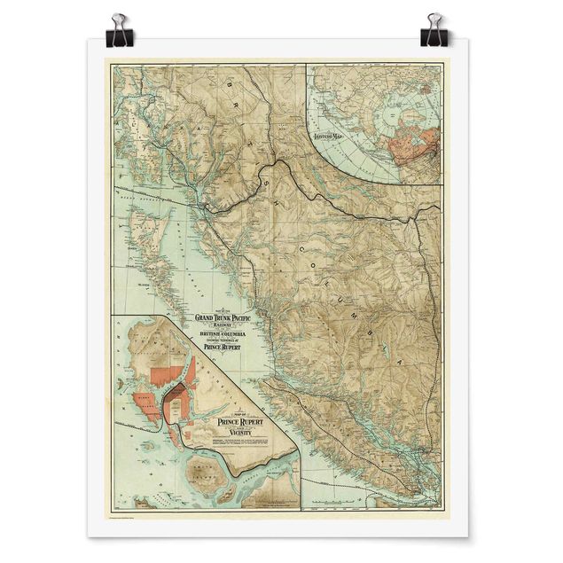 Poster - Cartina vintage della Columbia Britannica
