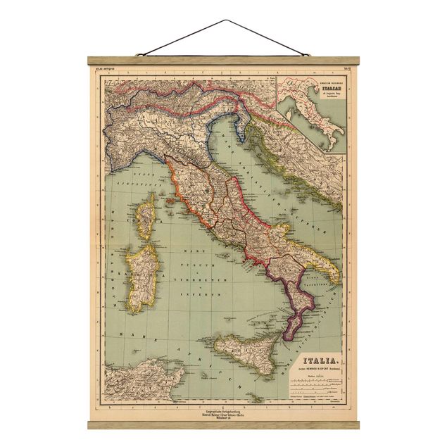 Foto su tessuto da parete con bastone - Cartina geografica vintage dell'Italia - Verticale 3:4
