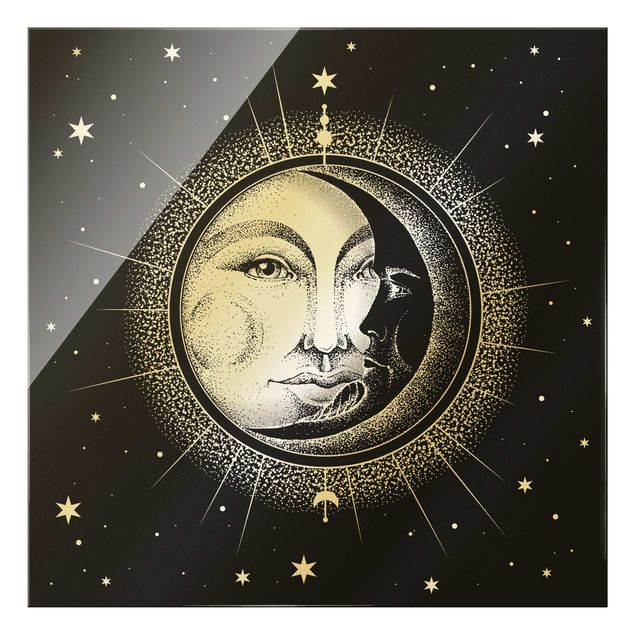 Quadro in vetro - Illustrazione vintage di sole e luna - Quadrato