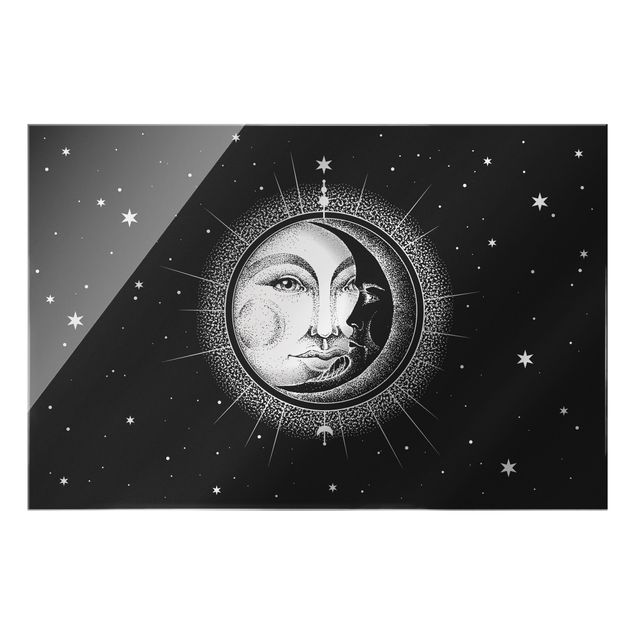 Quadro in vetro - Illustrazione vintage di sole e luna - Formato orizzontale