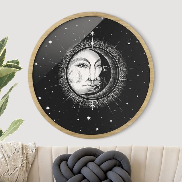 Poster con cornice rotonda Illustrazione vintage di sole e luna