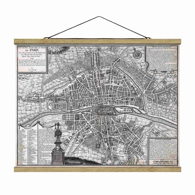 Foto su tessuto da parete con bastone - Pianta della città di Parigi del 1600 vintage - Orizzontale 4:3