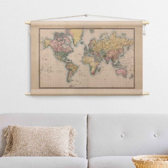 Arazzi da parete vintage Mappa del mondo vintage del 1850