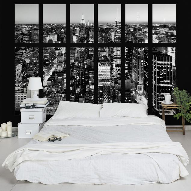 carta da parati 3d finestra Vista dalla finestra Skyline di Manhattan in bianco e nero
