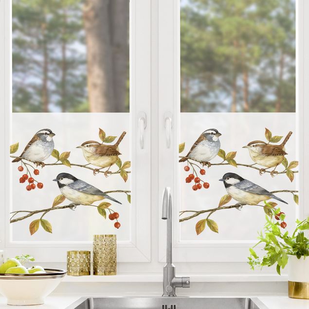 Decorazioni per finestre bianche Uccellini e bacche - Cinciallegra