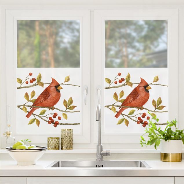 Decorazioni per finestre bianche Uccellini e bacche - Cardinale rosso