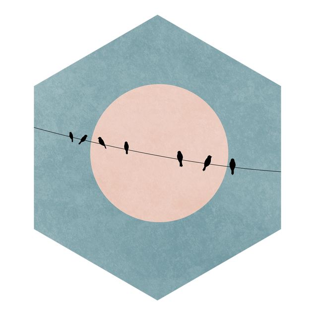 Carta da parati esagonale adesiva con disegni - Uccelli davanti a sole rosa I