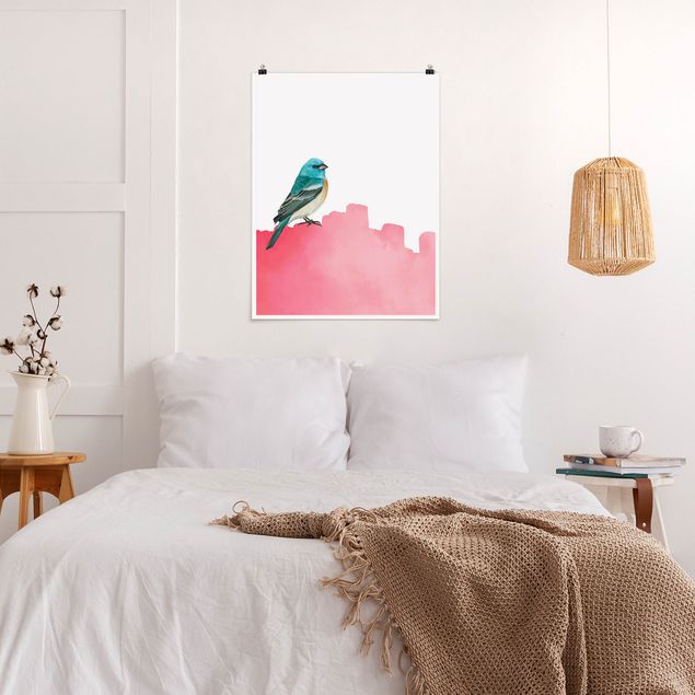 Poster illustrazioni Uccello su sfondo rosa