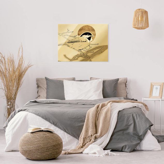 Quadro in vetro - Uccello nel sole dorato I - Formato orizzontale