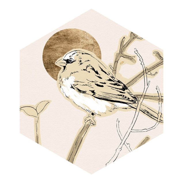 Carta da parati esagonale adesiva con disegni - Uccello nel sole dorato IV