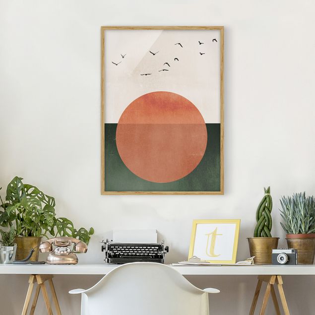 Poster con cornice - Stormo di uccelli allo spuntar del sole
