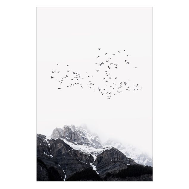 Decorazione per finestre - Stormo di uccelli davanti a montagne bianco e nero
