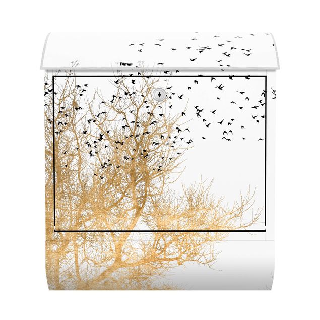 Cassetta postale - Stormo di uccelli davanti ad un albero dorato