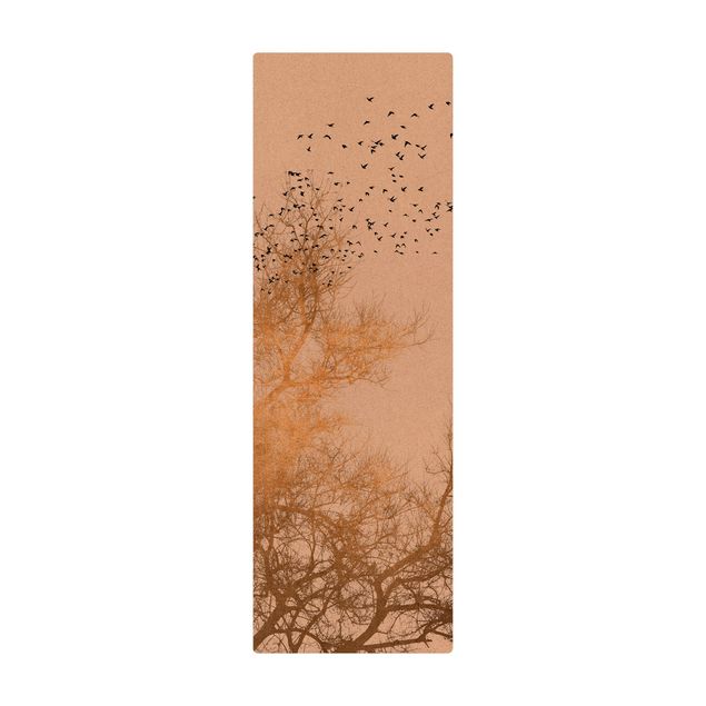 Tappetino di sughero - Stormo di uccelli davanti ad un albero dorato - Formato verticale 1:3