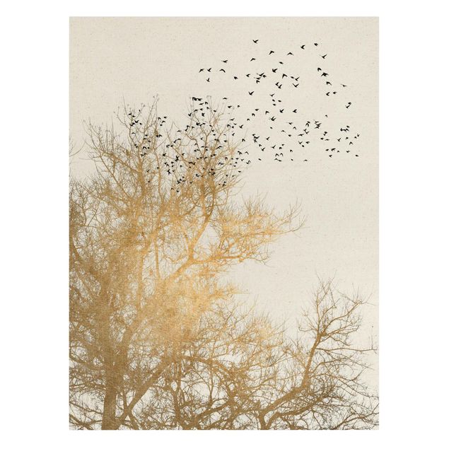 Quadri foresta Stormo di uccelli davanti all'albero d'oro