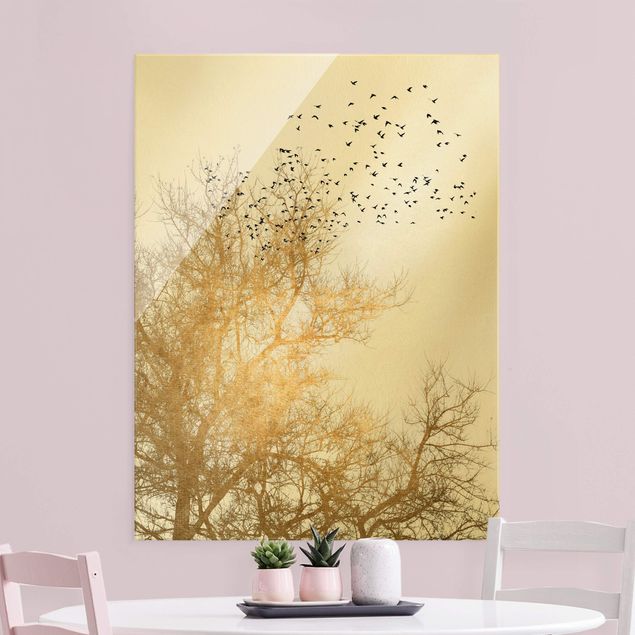 Lavagna magnetica in vetro Stormo di uccelli davanti all'albero d'oro