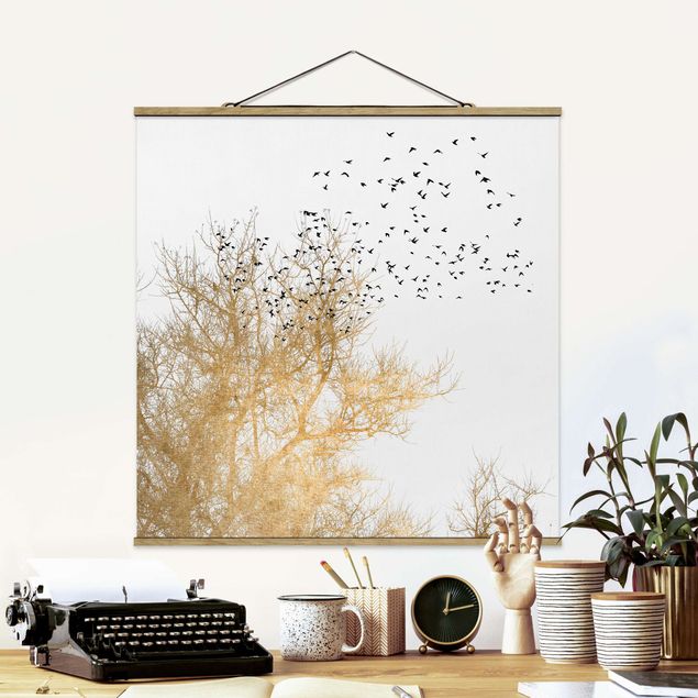 quadri con animali Stormo di uccelli davanti all'albero d'oro