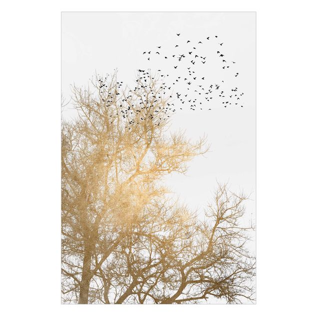 Decorazione per finestre - Stormo di uccelli davanti ad un albero dorato