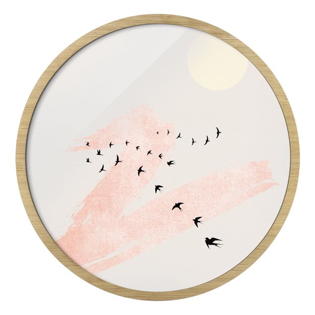 Quadro rotondo incorniciato - Stormo di uccelli davanti al cielo rosa