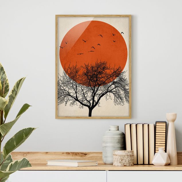 Poster con cornice - Stormo di uccelli su sole rosso II