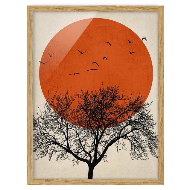Poster con cornice - Stormo di uccelli su sole rosso II