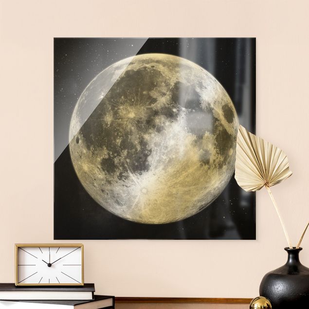Quadro in vetro - Luna piena nel cielo stellato in bianco e nero - Quadrato