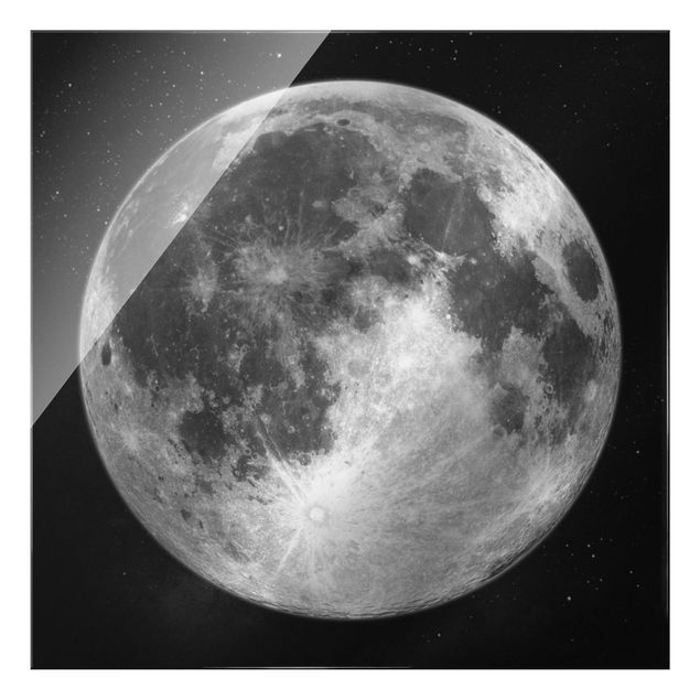 Quadro in vetro - Luna piena nel cielo stellato in bianco e nero - Quadrato