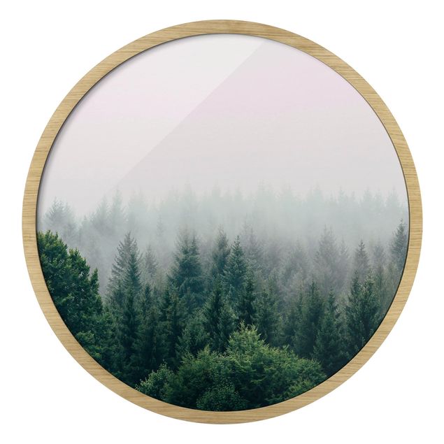 Quadro rotondo incorniciato - Foresta nella nebbia del crepuscolo